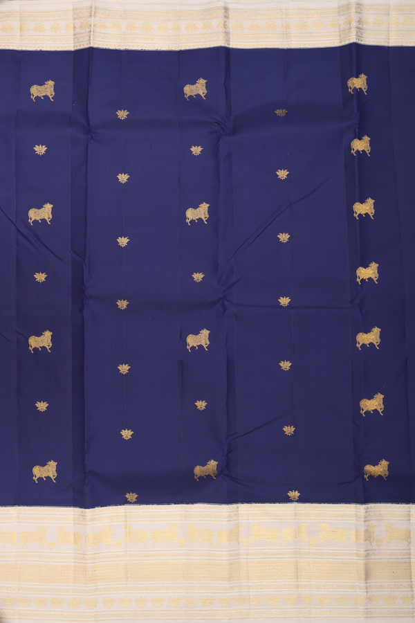 Kanchipuram Silk Saree In Oxford Blue With Floral Buttas
