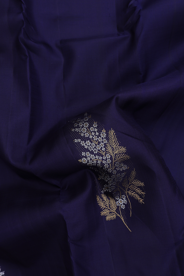 Kanchipuram Silk Saree In Navy Blue With Floral Design