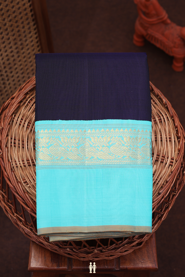 Kanchipuram Silk Saree In Navy Blue With Korvai Border