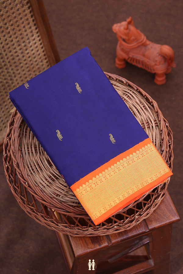 Kanchipuram Silk Saree In Navy Blue With Paisley Buttis