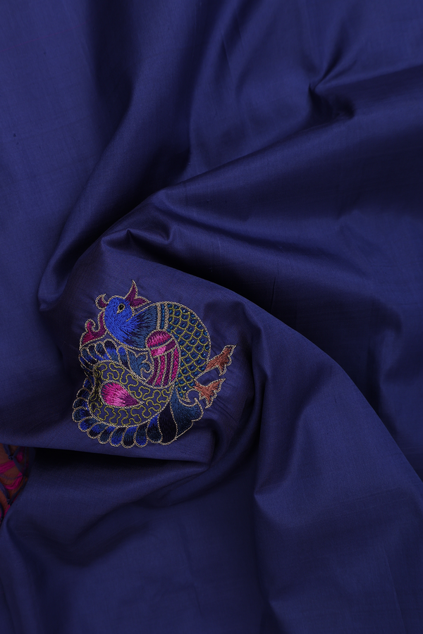 Kanchipuram Silk Saree In Navy Blue With Peacock Buttas