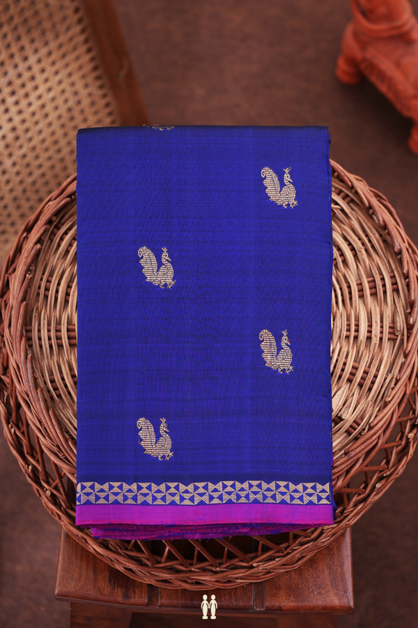 Kanchipuram Silk Saree In Navy Blue With Peacock Buttas