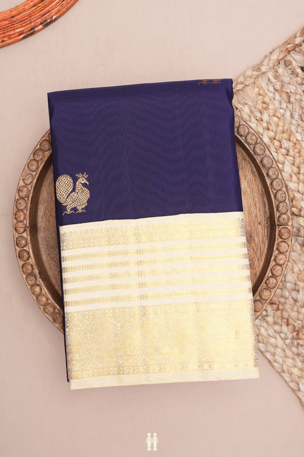 Kanchipuram Silk Saree In Navy Blue With Peacock Zari Motifs