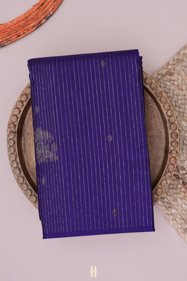 Kanchipuram Silk Saree In Navy Blue With Stripes Design