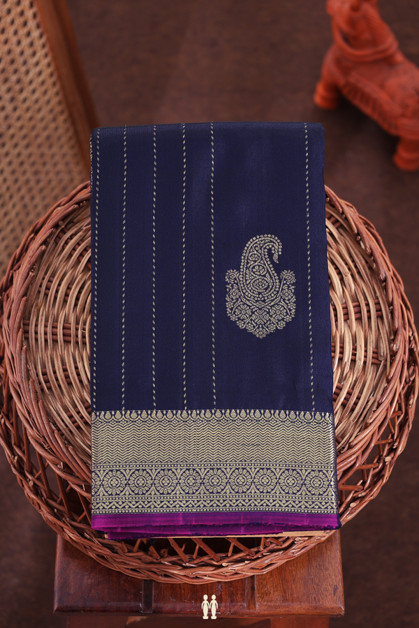Kanchipuram Silk Saree In Navy Blue With Stripes Design