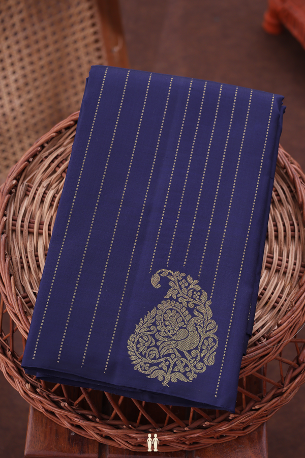 Kanchipuram Silk Saree In Navy Blue With Stripes Design