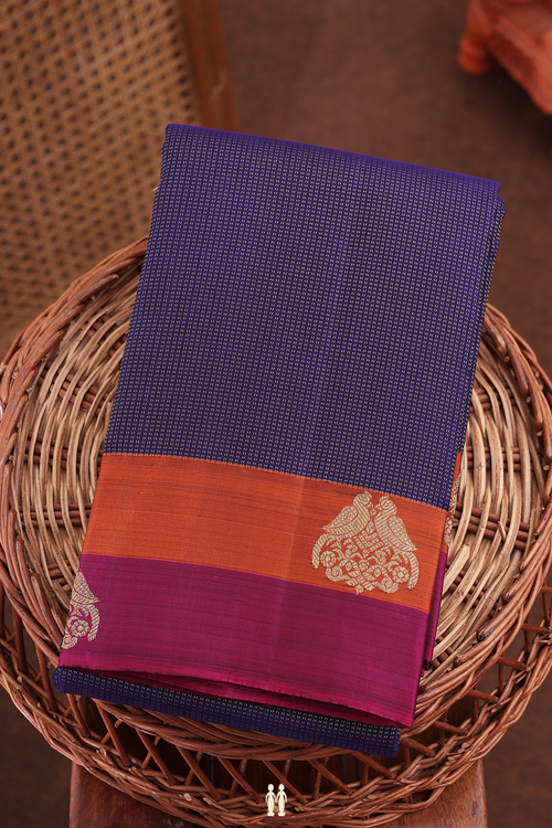 Kanchipuram Silk Saree In Navy Blue With Stripes Design