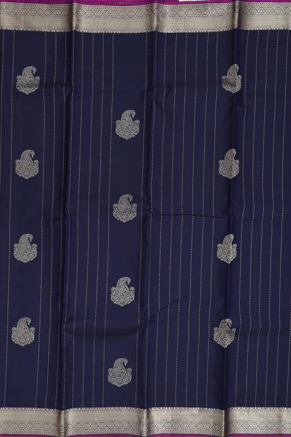 Kanchipuram Silk Saree In Navy Blue With Stripes Design