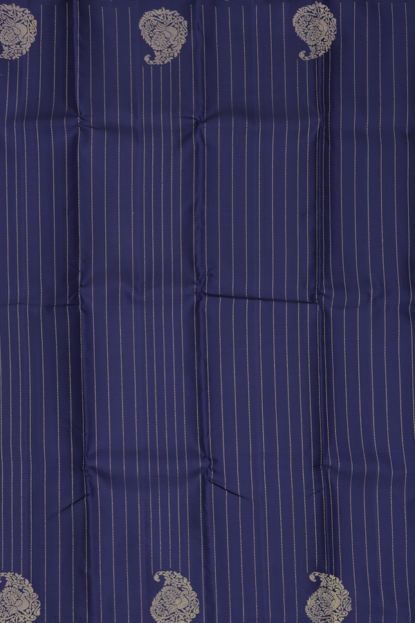 Kanchipuram Silk Saree In Navy Blue With Stripes Design