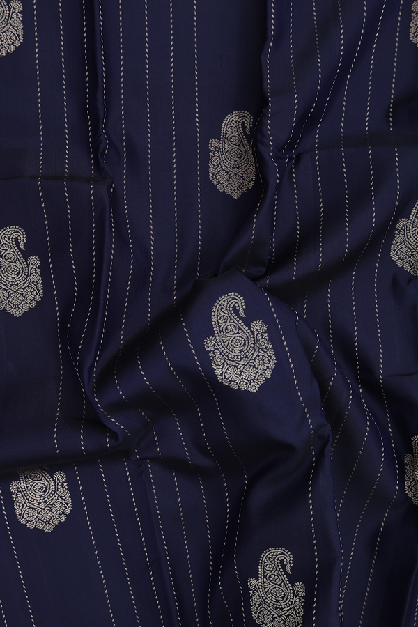 Kanchipuram Silk Saree In Navy Blue With Stripes Design
