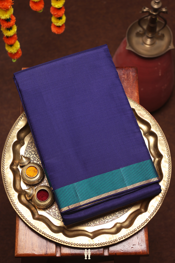Kanchipuram Silk Saree In Navy Blue With Threadwork Border