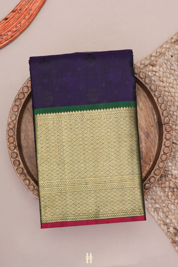 Kanchipuram Silk Saree In Navy Blue With Threadwork Buttas