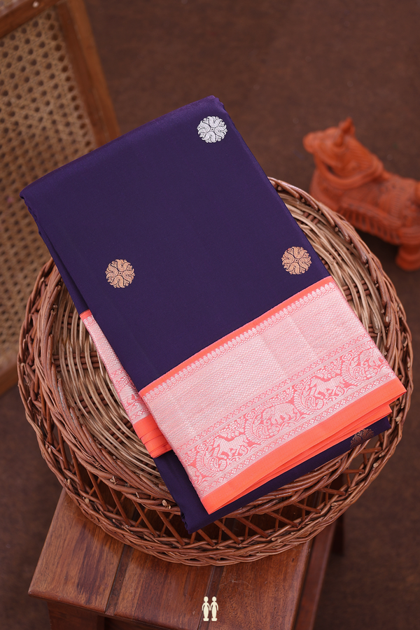 Kanchipuram Silk Saree In Navy Blue With Zari Buttas