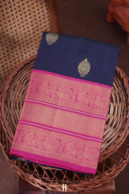Kanchipuram Silk Saree In Navy Blue With Zari Buttas