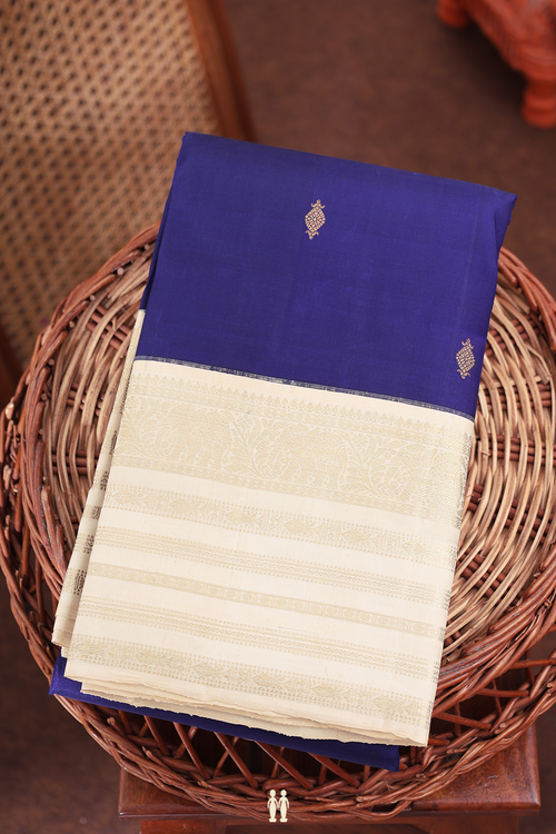 Kanchipuram Silk Saree In Navy Blue With Zari Buttas