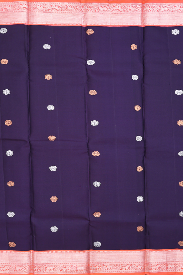 Kanchipuram Silk Saree In Navy Blue With Zari Buttas