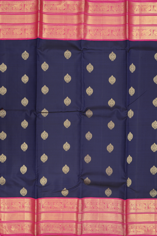 Kanchipuram Silk Saree In Navy Blue With Zari Buttas