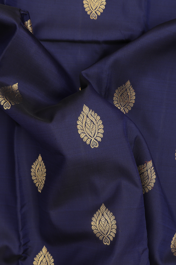 Kanchipuram Silk Saree In Navy Blue With Zari Buttas