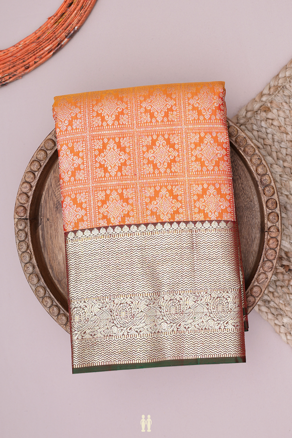 Kanchipuram Silk Saree In Ochre Orange With Brocade Design