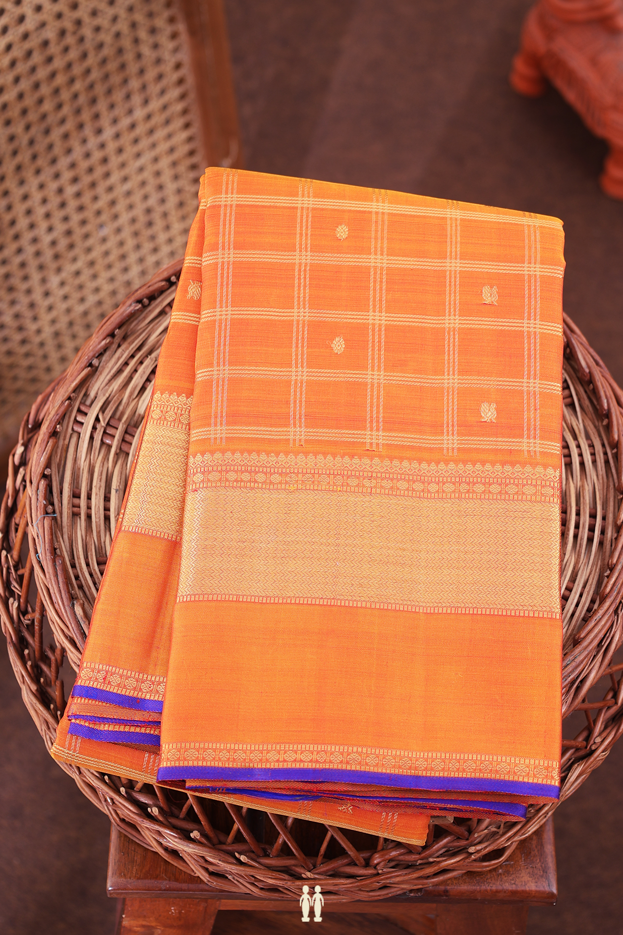 Kanchipuram Silk Saree In Ochre Orange With Checks Along Buttas