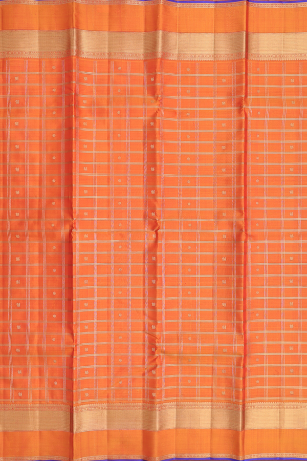 Kanchipuram Silk Saree In Ochre Orange With Checks Along Buttas
