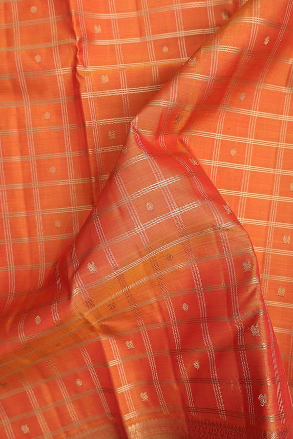 Kanchipuram Silk Saree In Ochre Orange With Checks Along Buttas