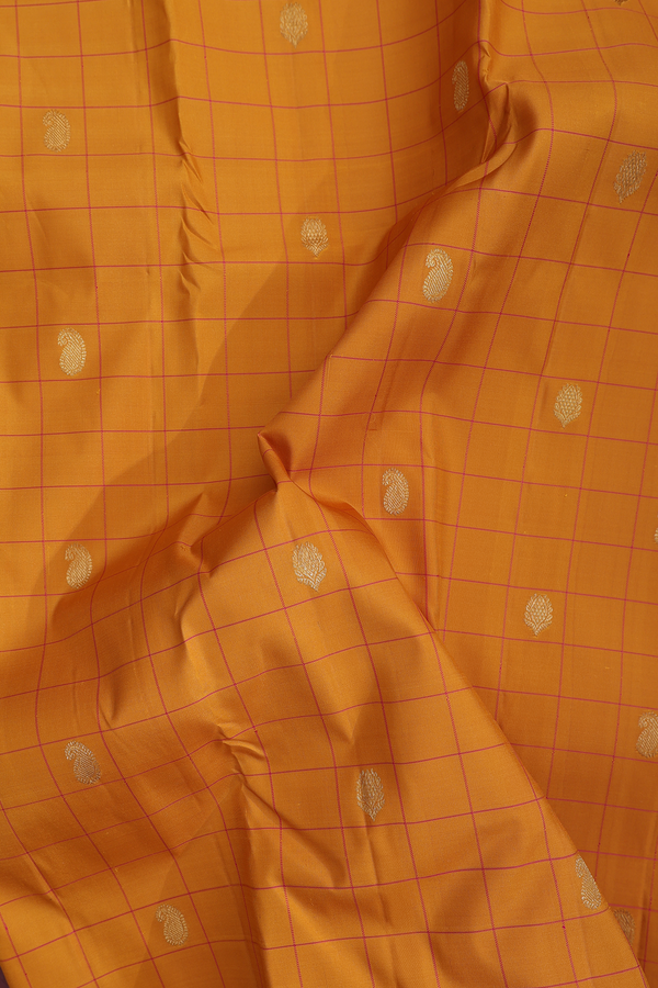 Kanchipuram Silk Saree In Ochre Orange With Checks Design