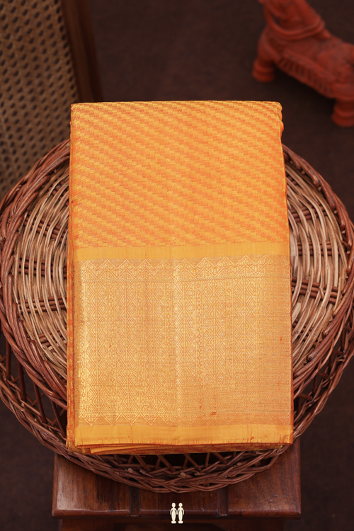 Kanchipuram Silk Saree In Ochre Orange With Diagonal Design