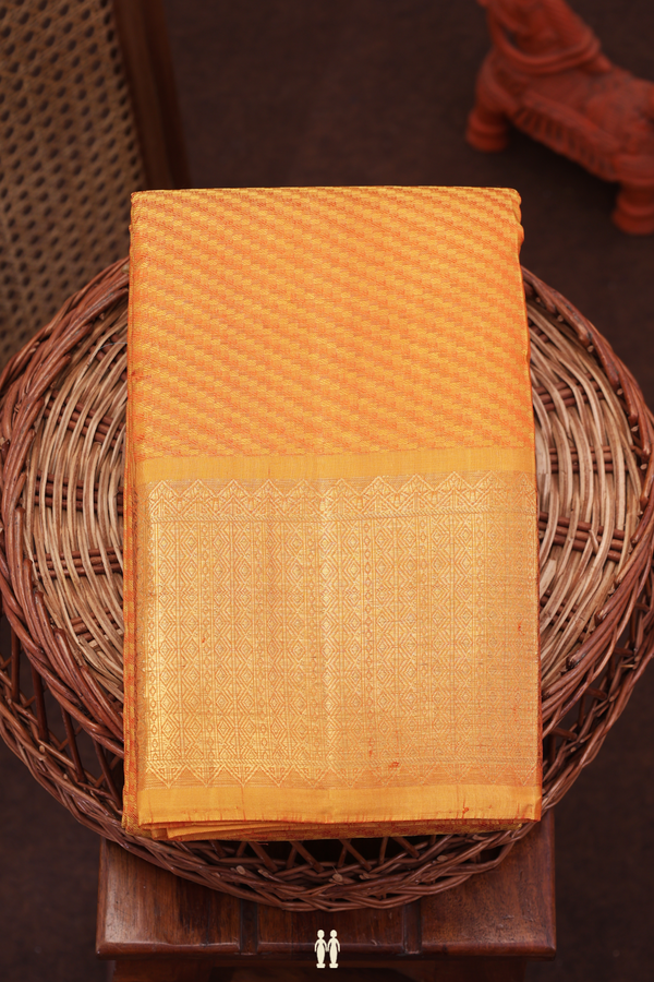 Kanchipuram Silk Saree In Ochre Orange With Diagonal Design