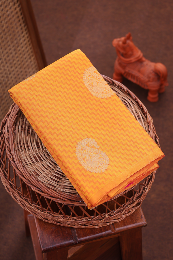 Kanchipuram Silk Saree In Ochre Orange With Paisley Design