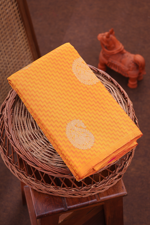 Kanchipuram Silk Saree In Ochre Orange With Paisley Design