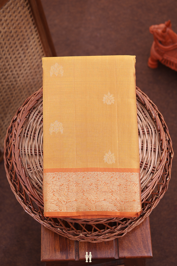 Kanchipuram Silk Saree In Ochre Orange With Zari Buttas