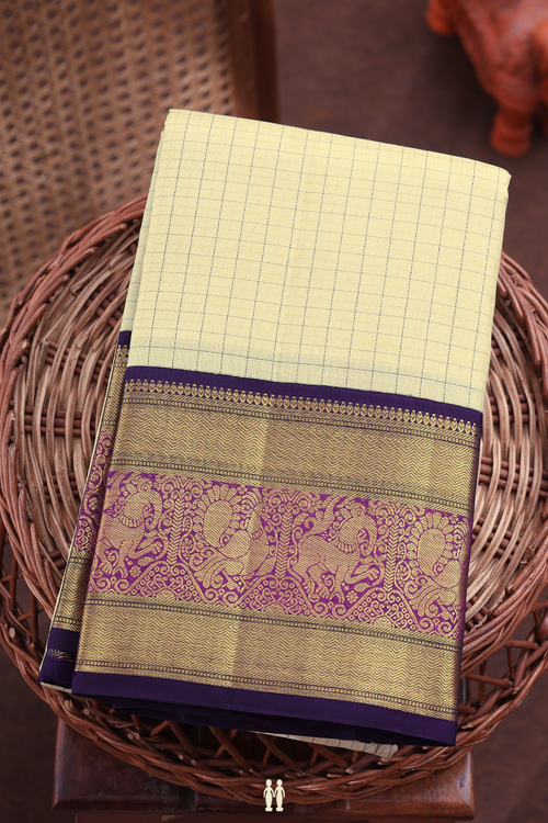 Kanchipuram Silk Saree In Off White With Checks Design