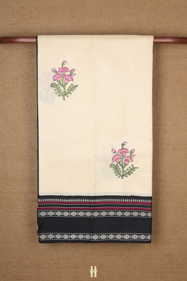 Kanchipuram Silk Saree In Off White With Floral Hand Painted