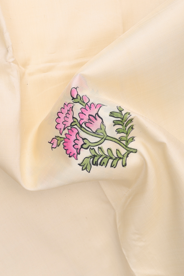 Kanchipuram Silk Saree In Off White With Floral Hand Painted