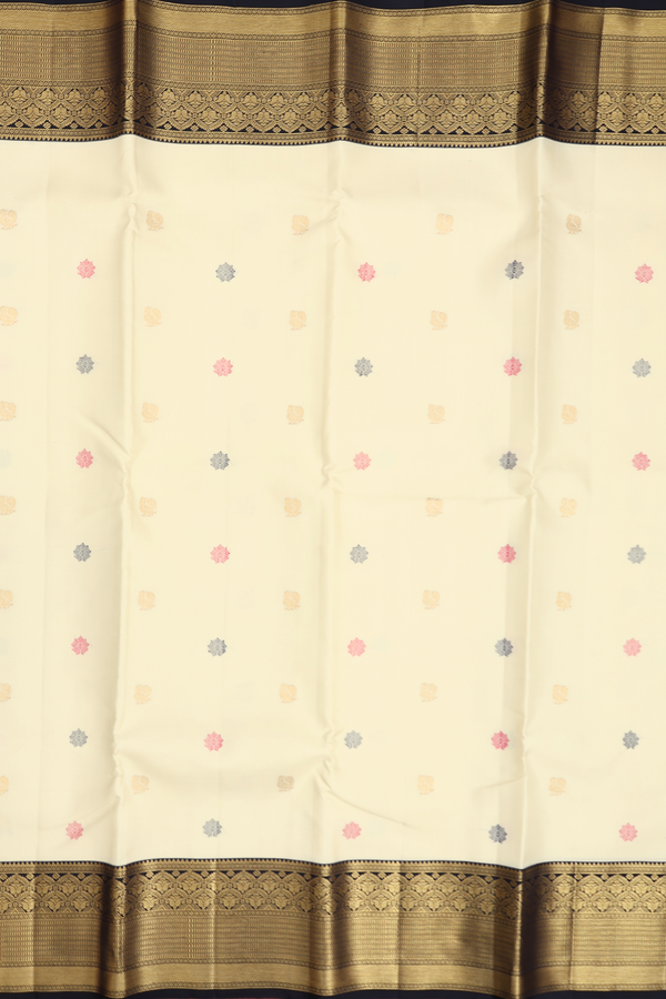 Kanchipuram Silk Saree In Off White With Peacock Buttas