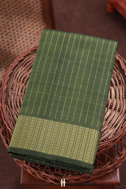 Kanchipuram Silk Saree In Olive Green With Stripes Design