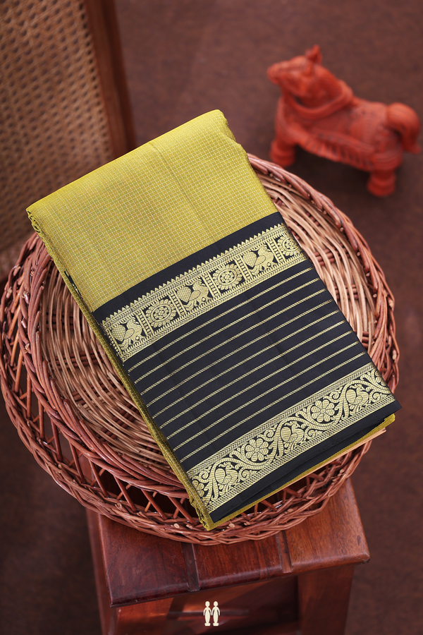 Kanchipuram Silk Saree In Olive Yellow With Checks Design