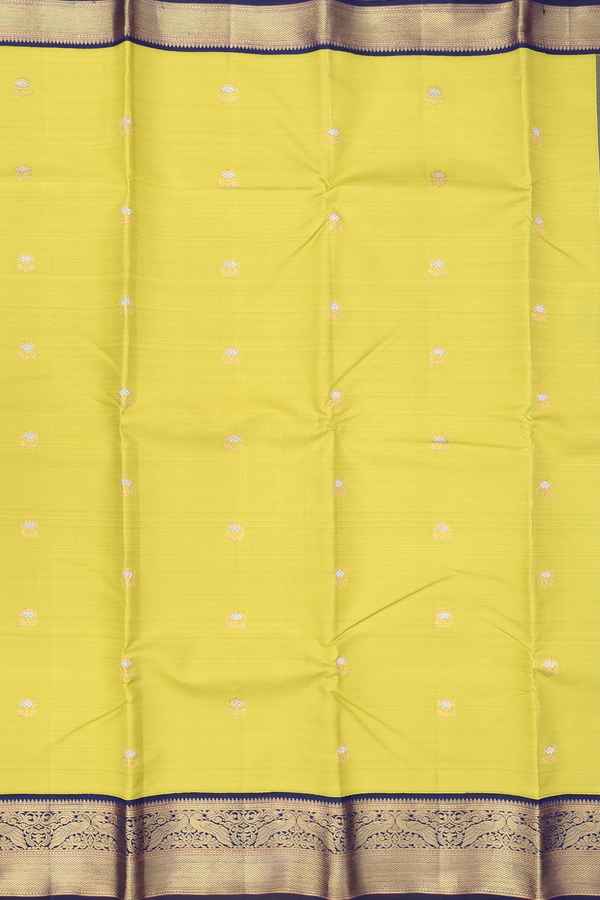Kanchipuram Silk Saree In Olive Yellow With Floral Buttas