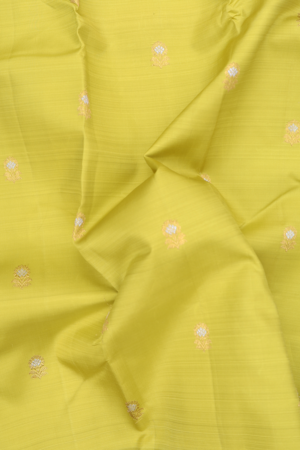 Kanchipuram Silk Saree In Olive Yellow With Floral Buttas
