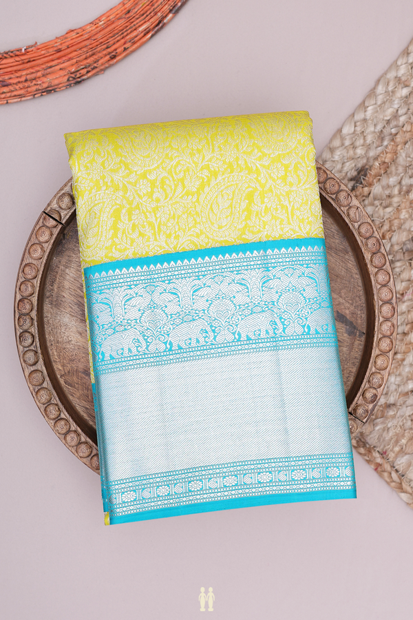 Kanchipuram Silk Saree In Olive Yellow With Paisley Design