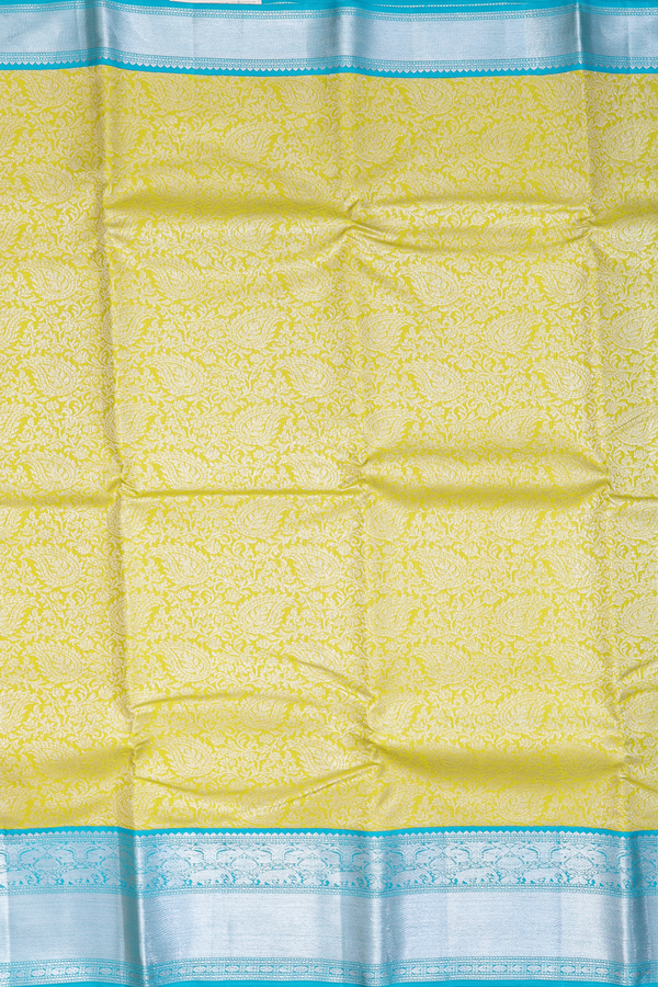 Kanchipuram Silk Saree In Olive Yellow With Paisley Design