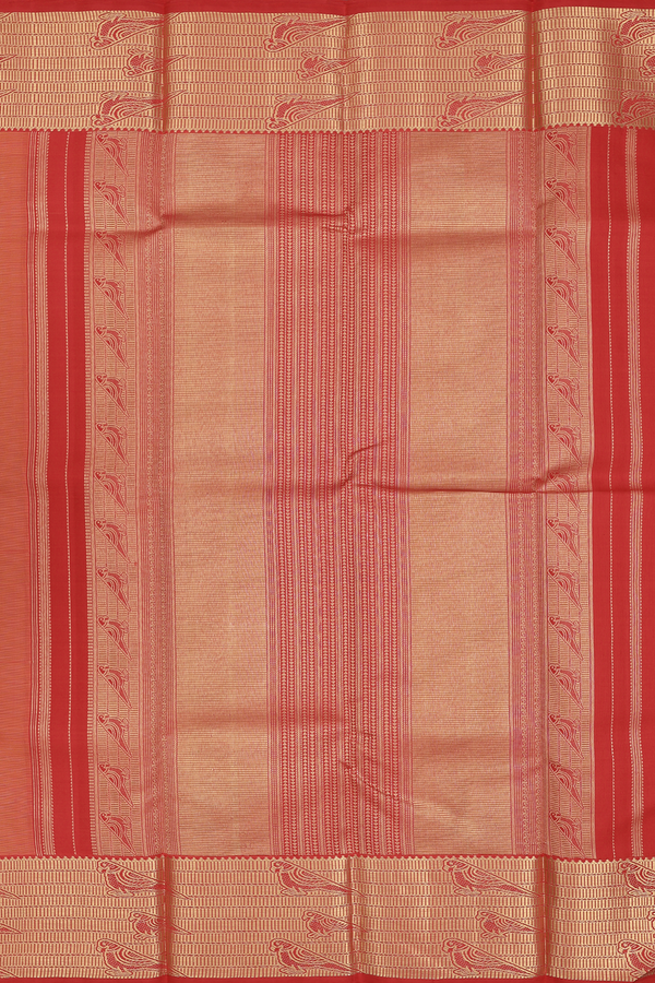 Kanchipuram Silk Saree In Orange Along Checks With Buttas