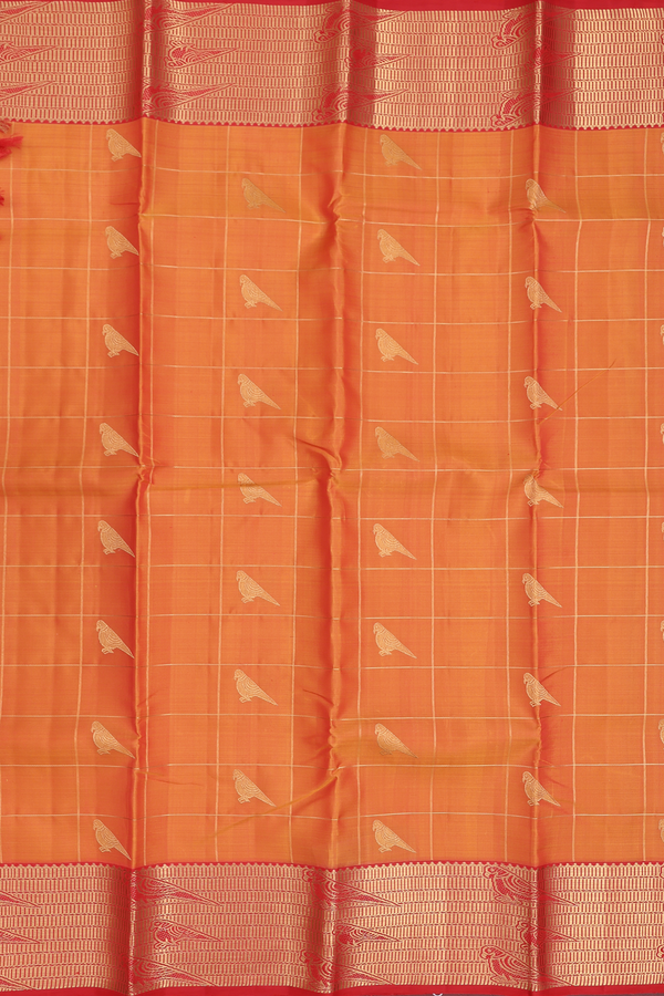 Kanchipuram Silk Saree In Orange Along Checks With Buttas