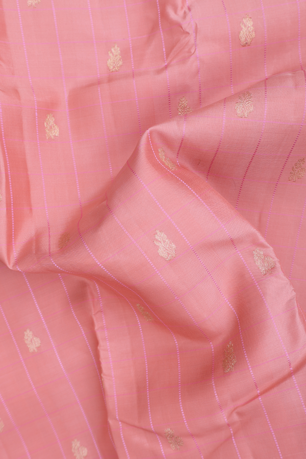 Kanchipuram Silk Saree In Orange Along Stripes With Buttas