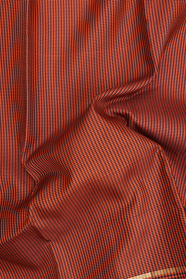 Kanchipuram Silk Saree In Orange And Black With Checks