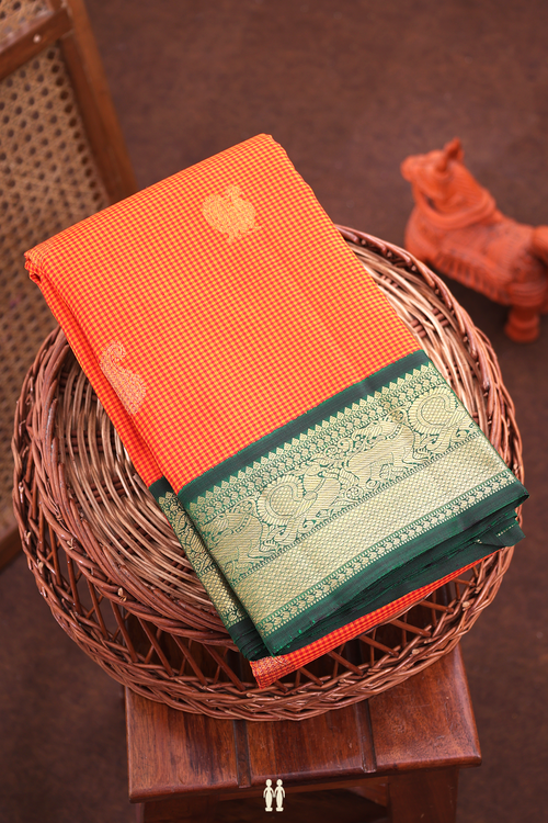 Kanchipuram Silk Saree In Orange And Red With Checks Design