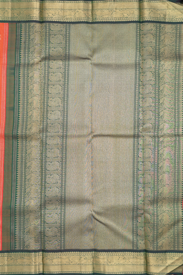 Kanchipuram Silk Saree In Orange And Red With Checks Design
