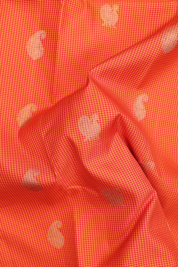 Kanchipuram Silk Saree In Orange And Red With Checks Design