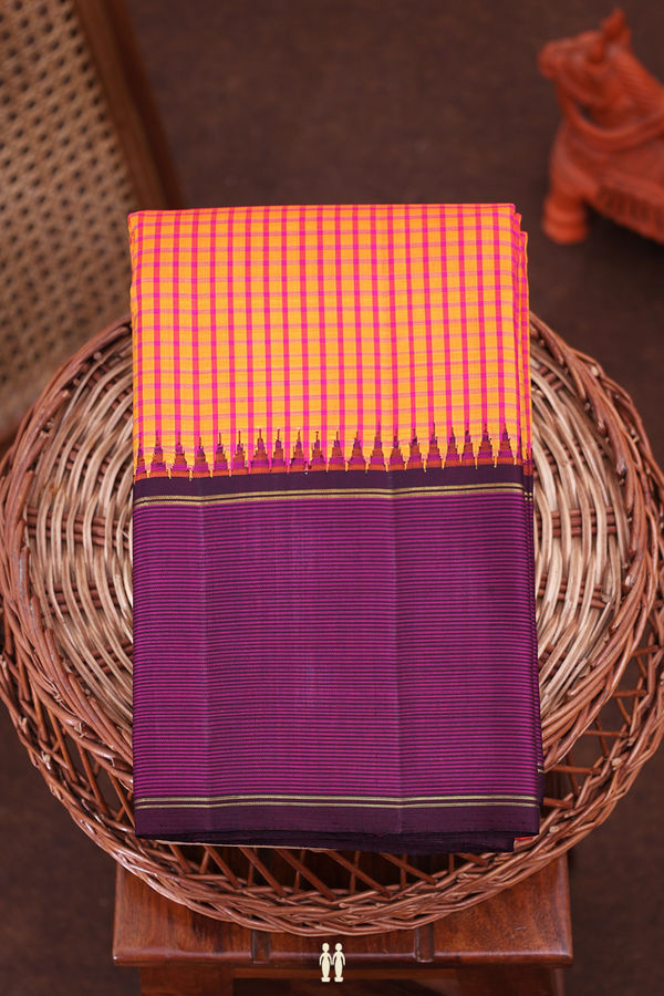 Kanchipuram Silk Saree In Orange With Checks Design